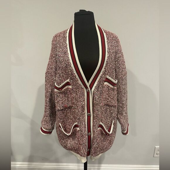 Maje Mapada Knit Button-Front Boyfriend Cardigan in Red & White  -size 2 Medium. - Picture 2 of 14